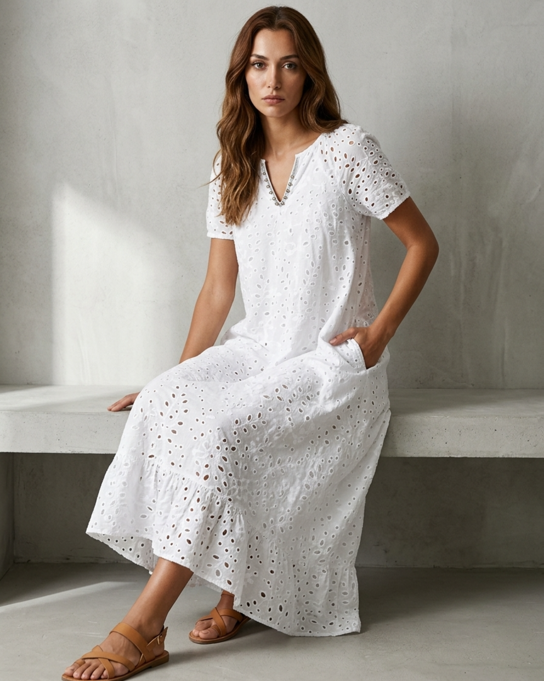 Women’s Midi Dress Eyelet Embroidery V-Neck Shift with Pockets