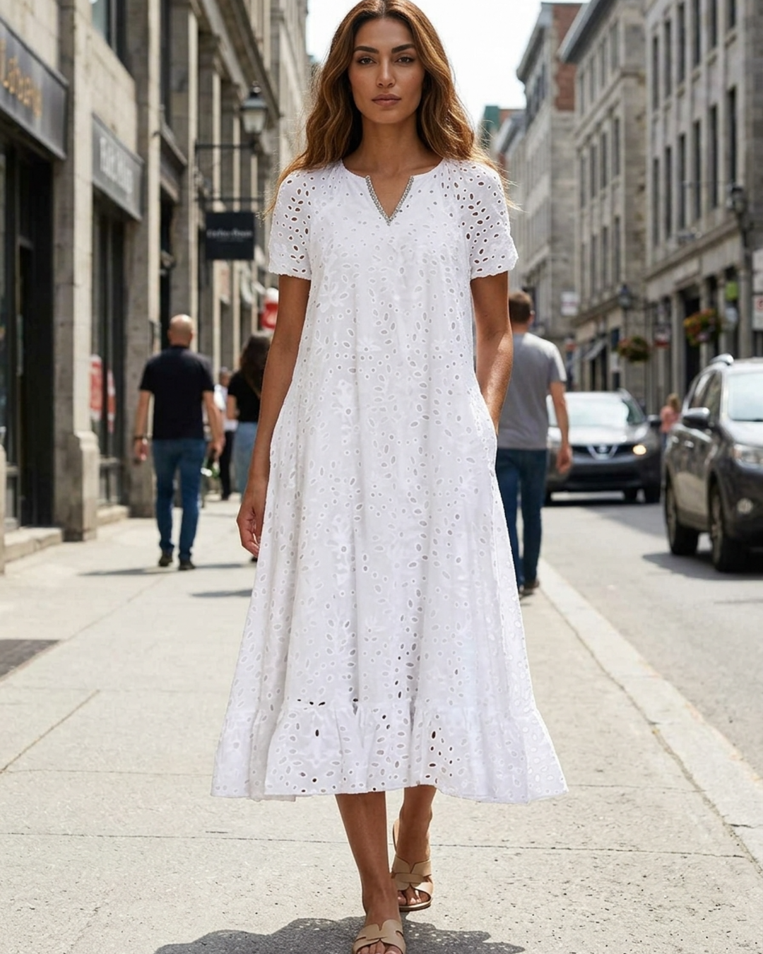 Women’s Midi Dress Eyelet Embroidery V-Neck Shift with Pockets