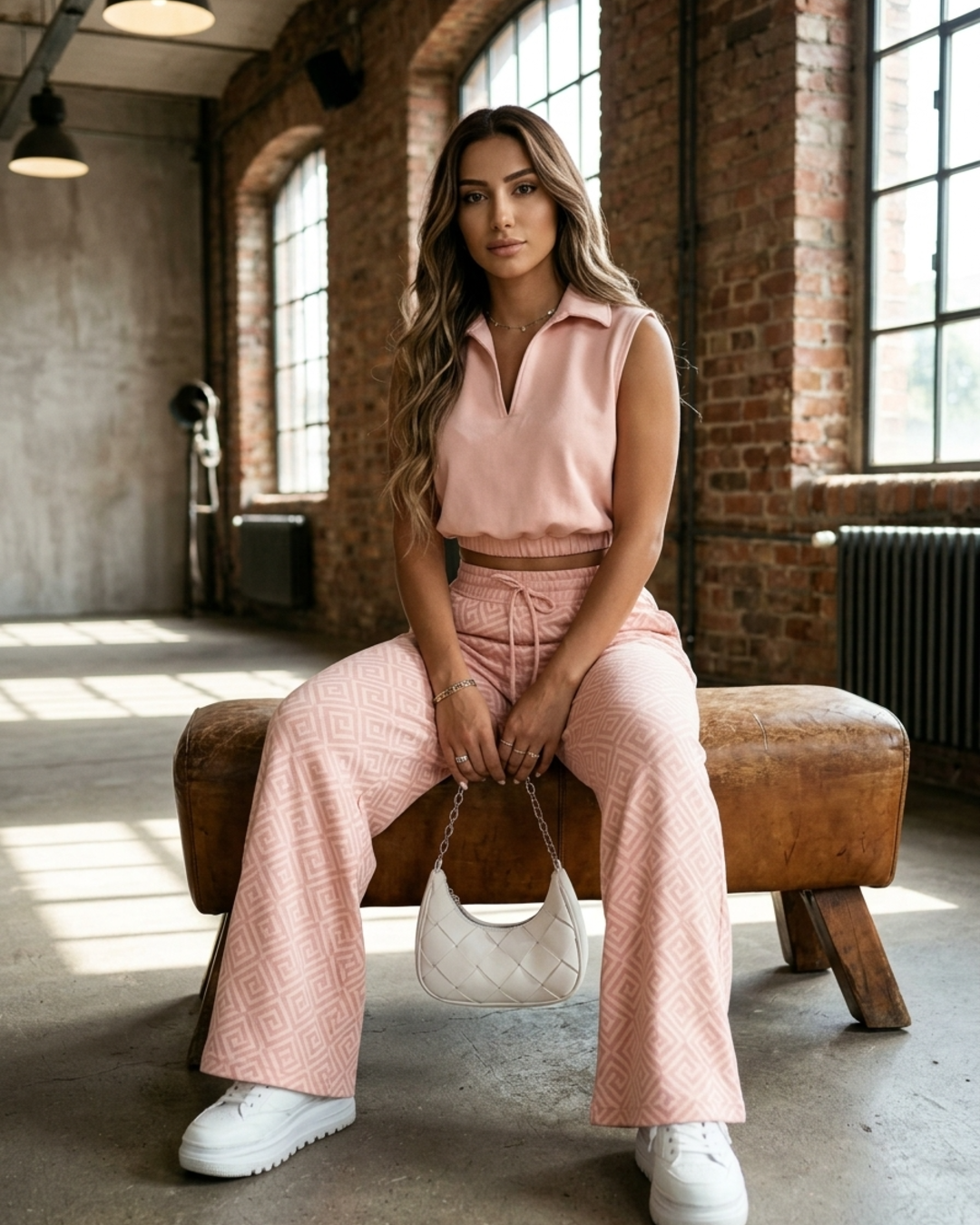 Women’s Two-Piece Set Collared Crop Top and Wide Leg Printed Pants