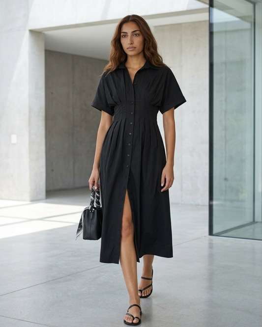 Women’s Shirt Dress Pleated Waist Button Down Midi Gown