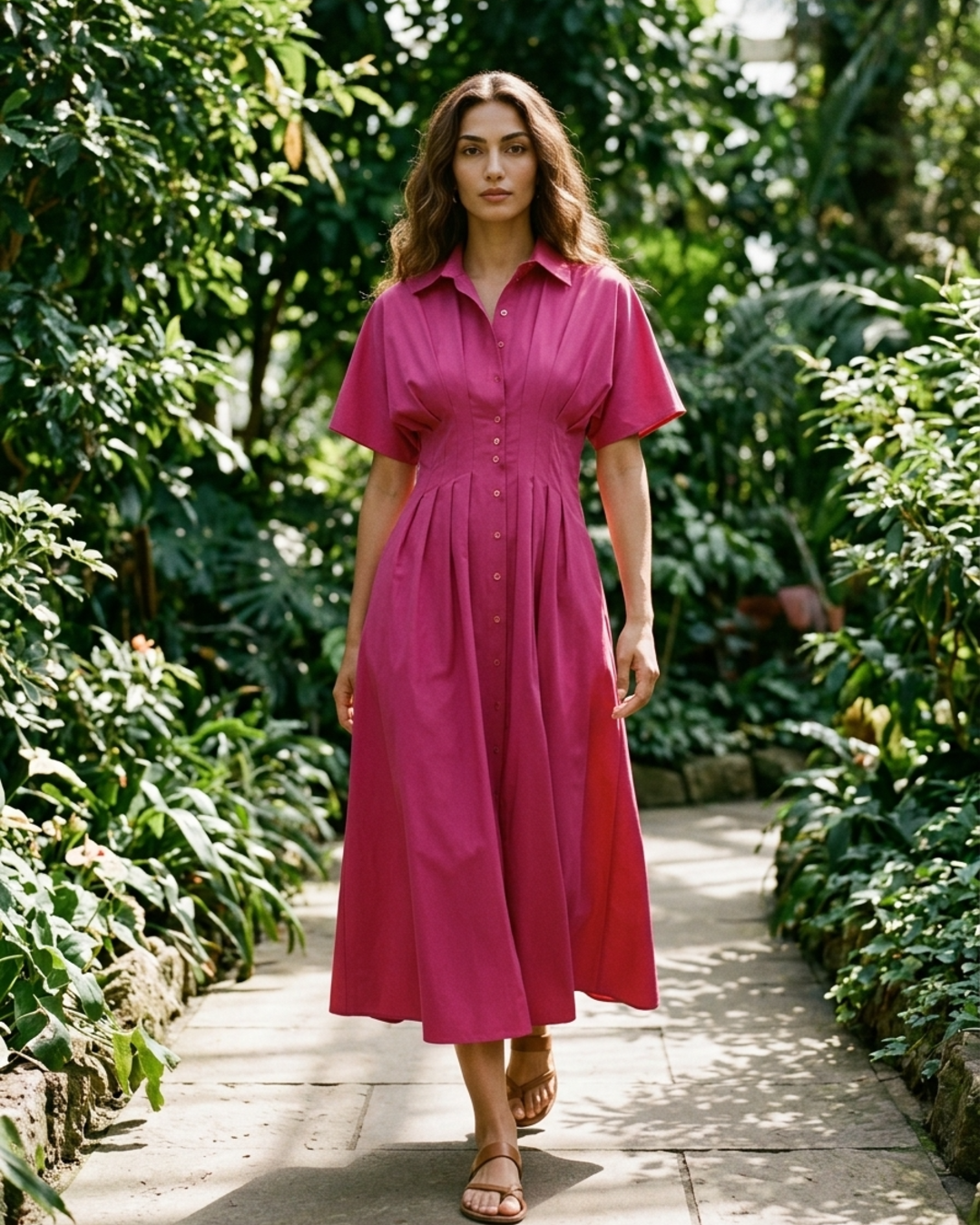 Women’s Shirt Dress Pleated Waist Button Down Midi Gown