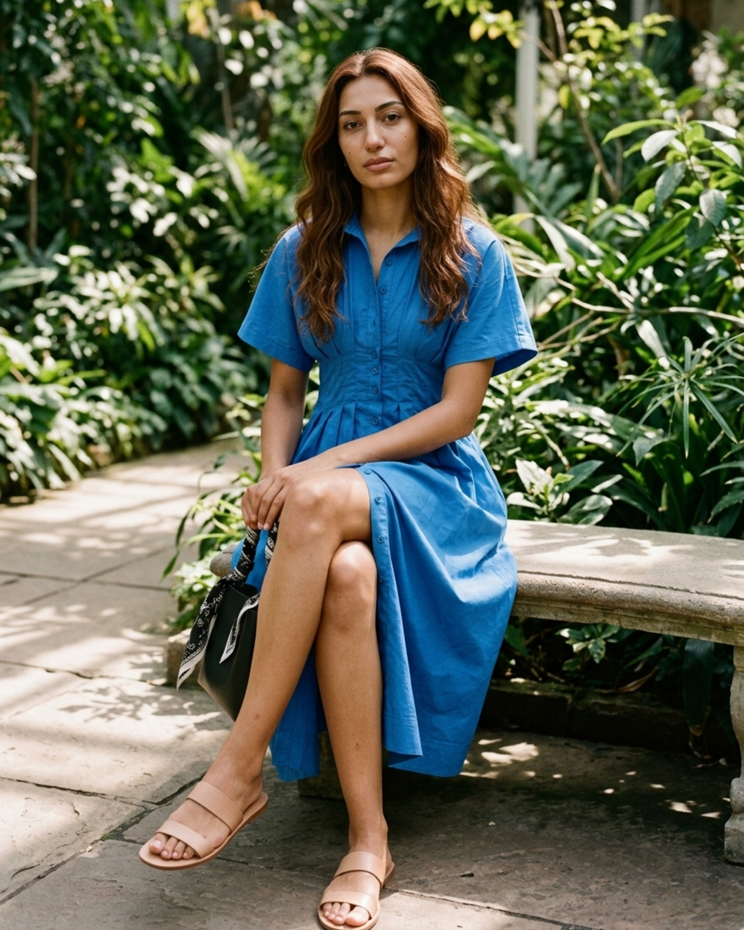 Women’s Shirt Dress Pleated Waist Button Down Midi Gown