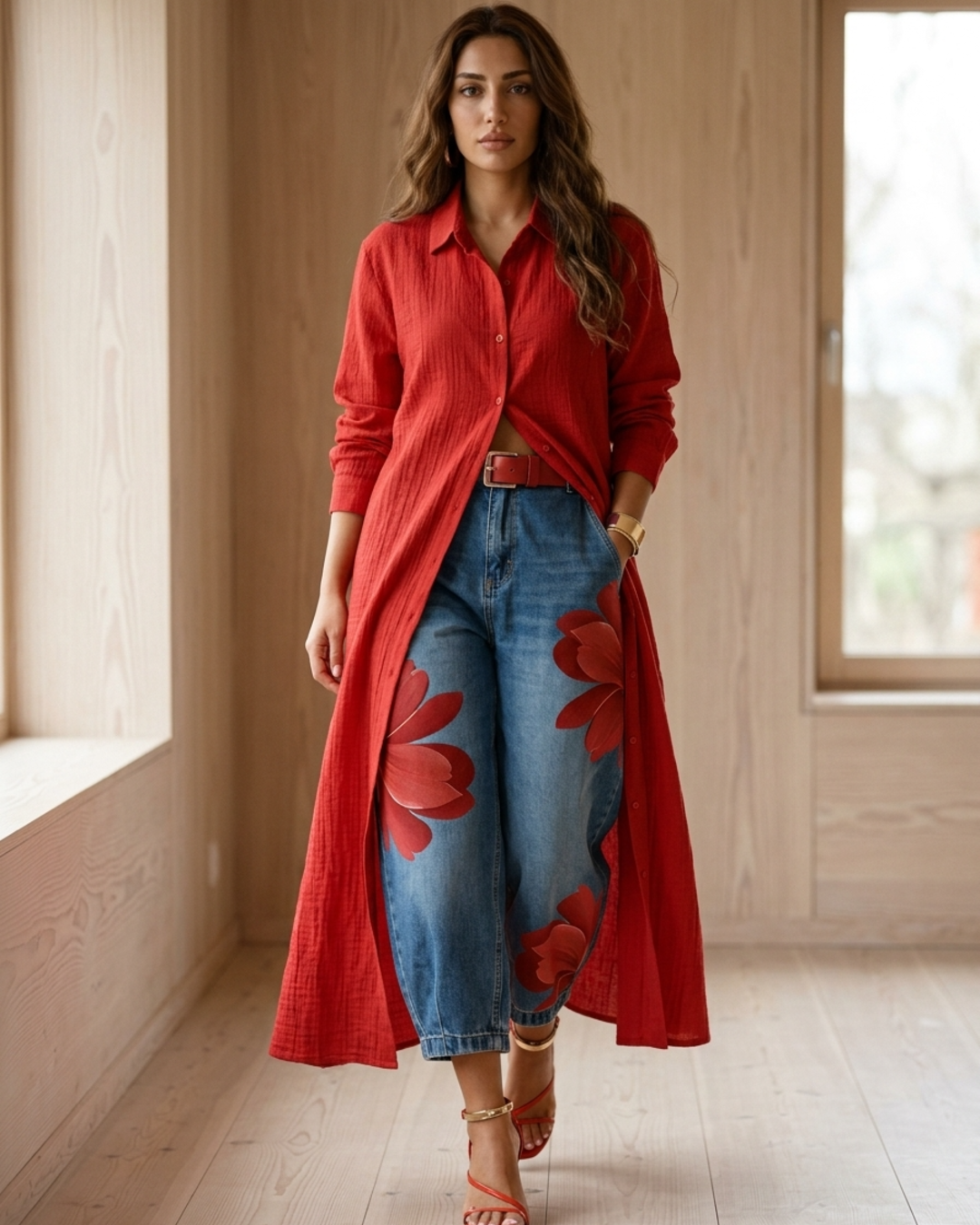 Women’s Two-Piece Set Long Sleeve Shirt Dress and Floral Denim Pants