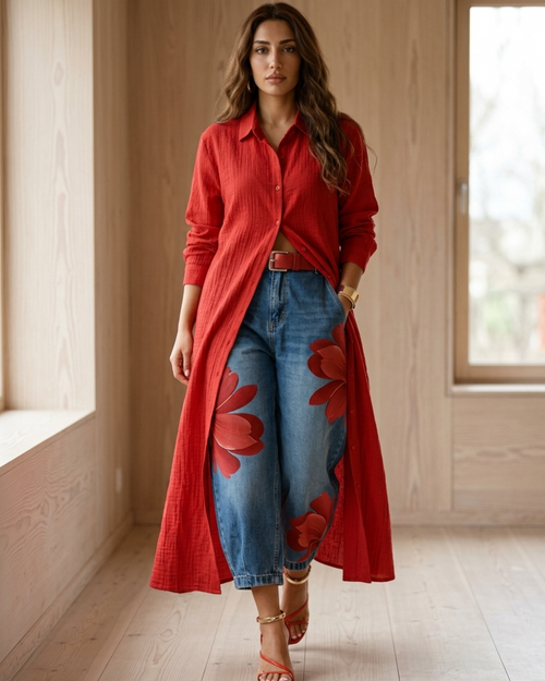 Women’s Two-Piece Set Long Sleeve Shirt Dress and Floral Denim Pants