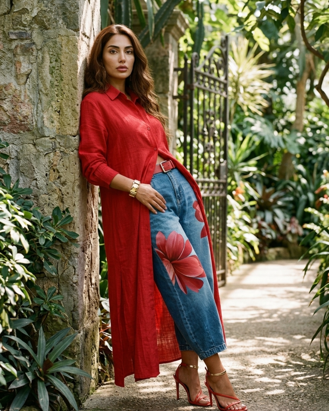 Women’s Two-Piece Set Long Sleeve Shirt Dress and Floral Denim Pants