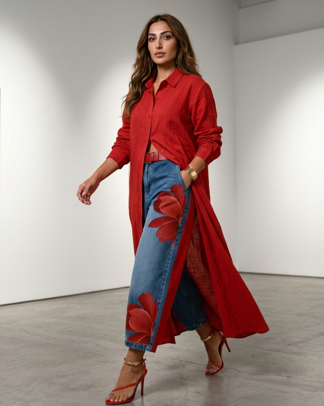 Women’s Two-Piece Set Long Sleeve Shirt Dress and Floral Denim Pants