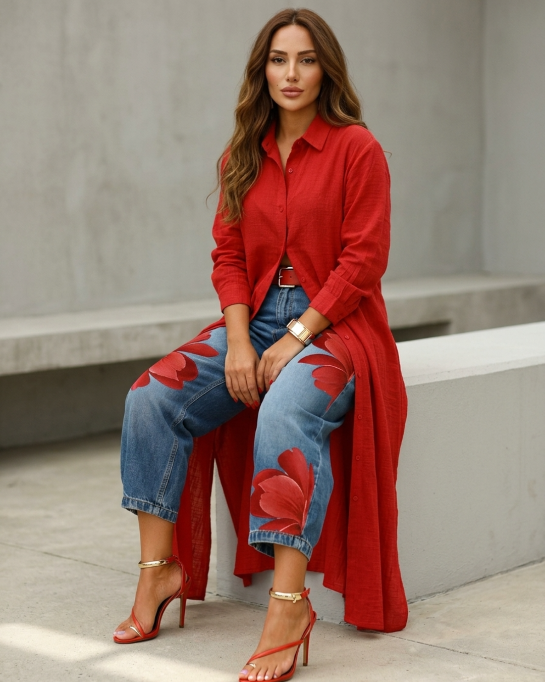 Women’s Two-Piece Set Long Sleeve Shirt Dress and Floral Denim Pants
