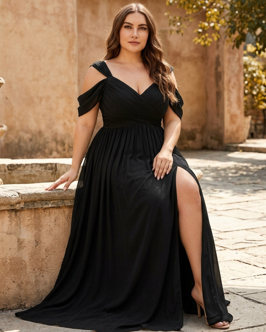 Women’s Maxi Dress Cold Shoulder V-Neck High Slit Chiffon Gown