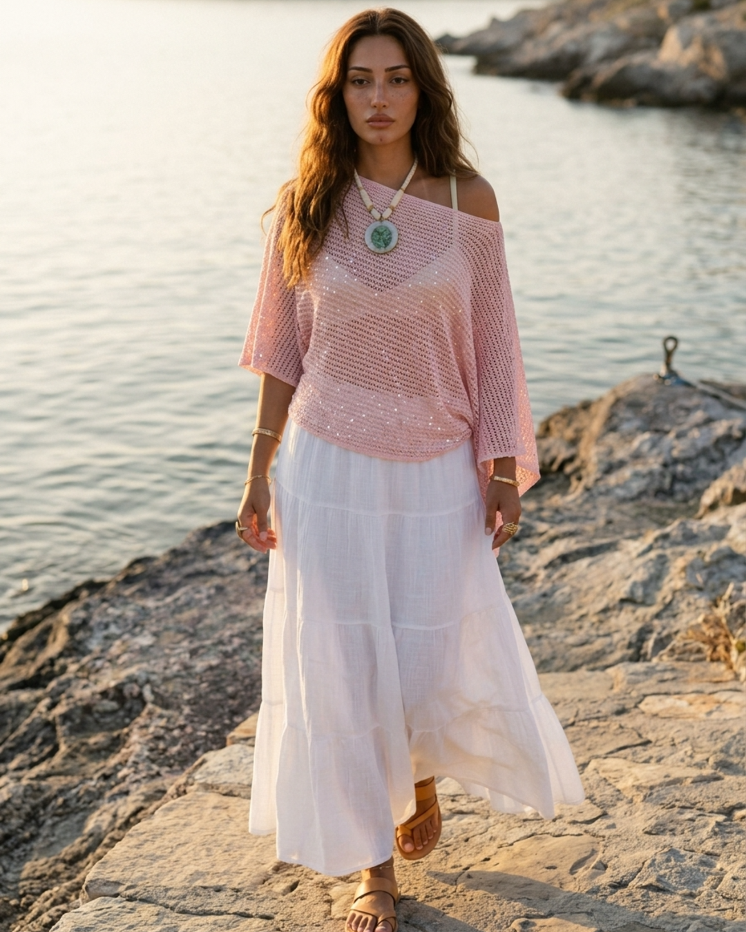 Women’s Two-Piece Set Metallic Knit Poncho Top and Tiered Maxi Skirt