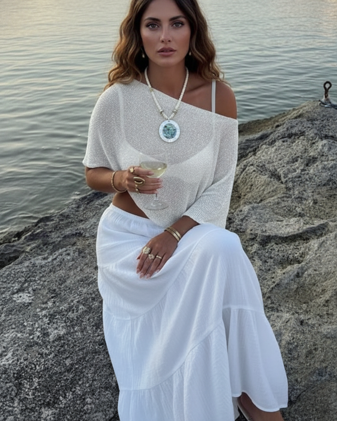 Women’s Two-Piece Set Metallic Knit Poncho Top and Tiered Maxi Skirt