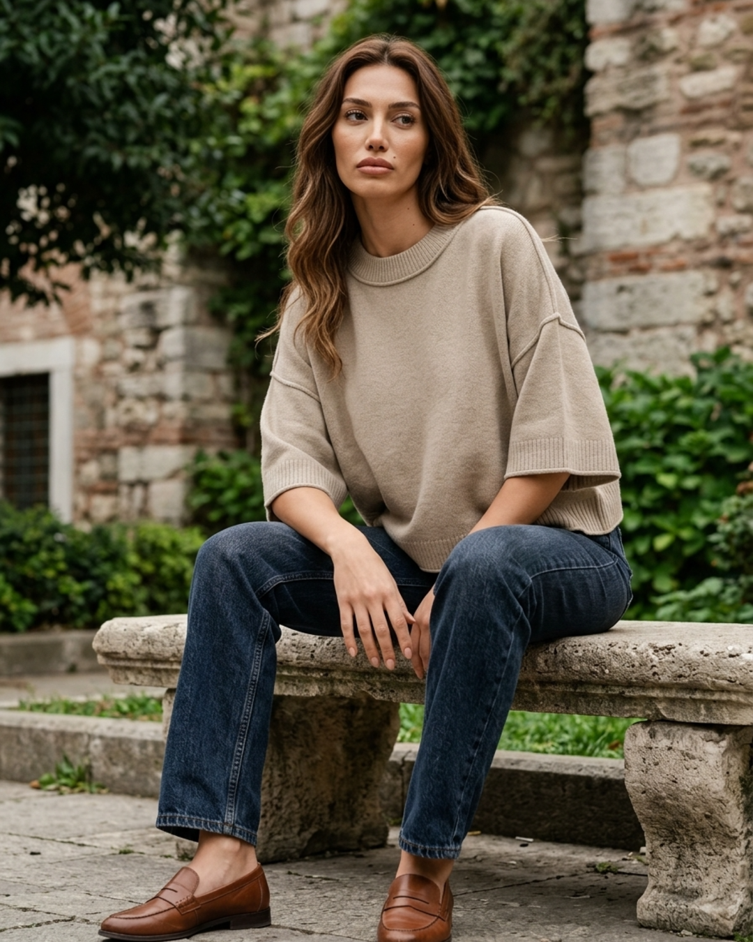 Women’s Sweater Short Sleeve Crew Neck Drop Shoulder Knit Pullover