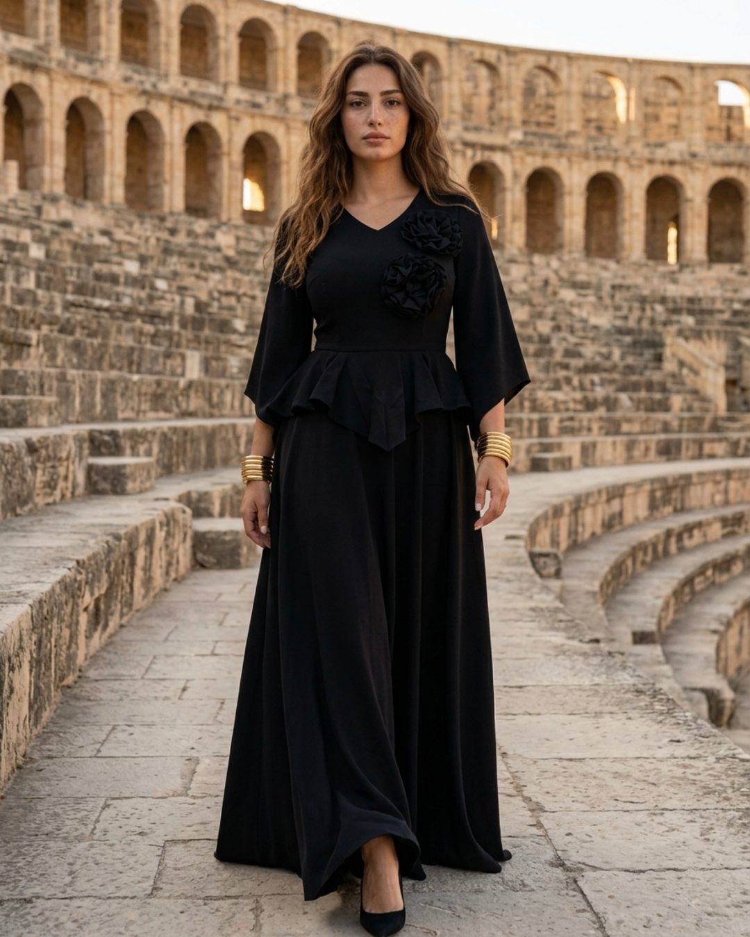 Women’s Maxi Dress 3/4 Bell Sleeve Peplum Corset Floor Length Gown