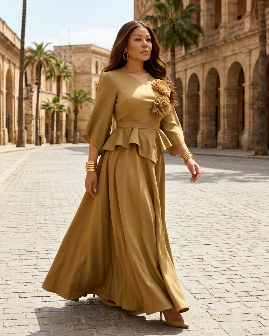 Women’s Maxi Dress 3/4 Bell Sleeve Peplum Corset Floor Length Gown