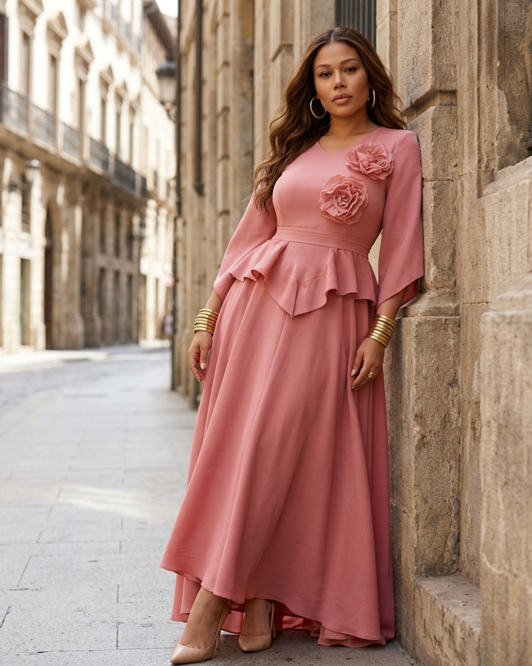 Women’s Maxi Dress 3/4 Bell Sleeve Peplum Corset Floor Length Gown
