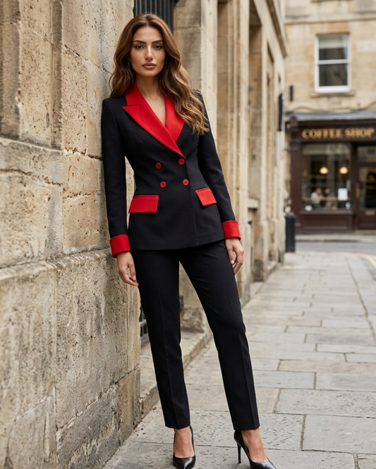 Women’s Pants Suit Double Breasted Color Block Blazer and Trousers Set