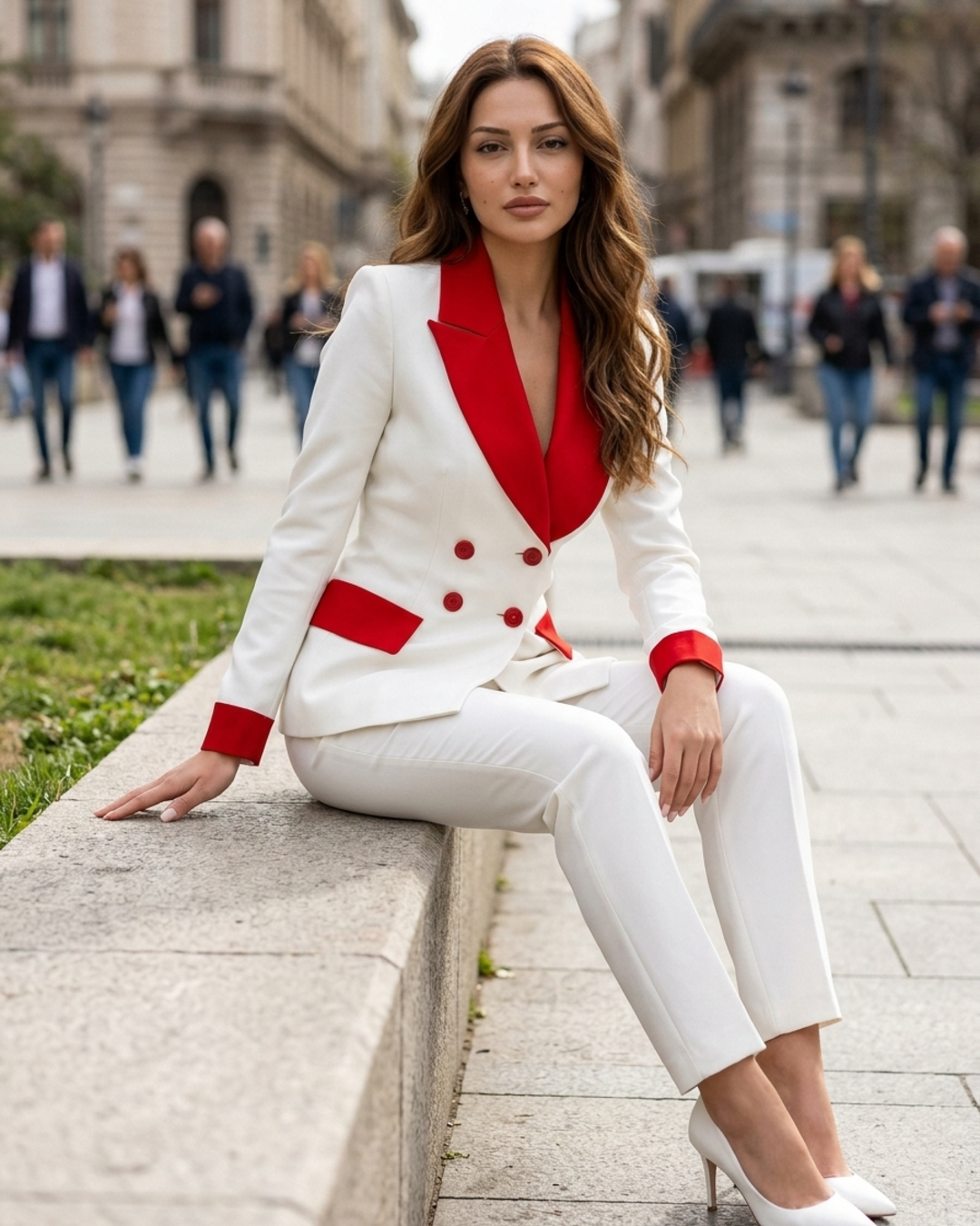Women’s Pants Suit Double Breasted Color Block Blazer and Trousers Set