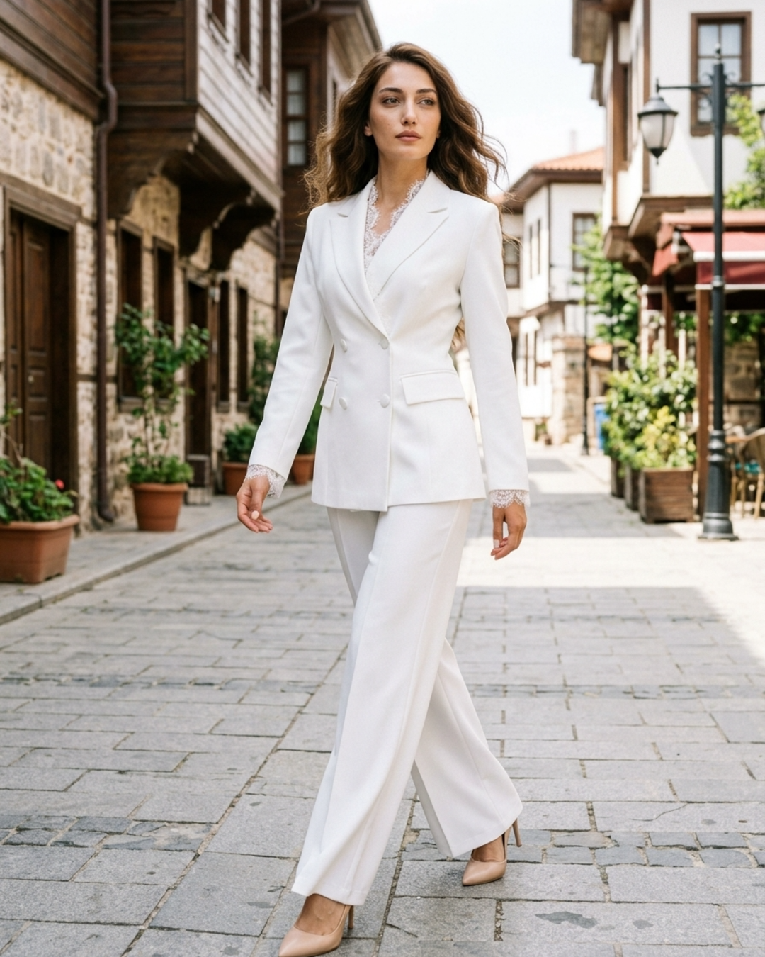 Women’s Pants Suit Double Breasted Blazer and Wide Leg Trousers Set