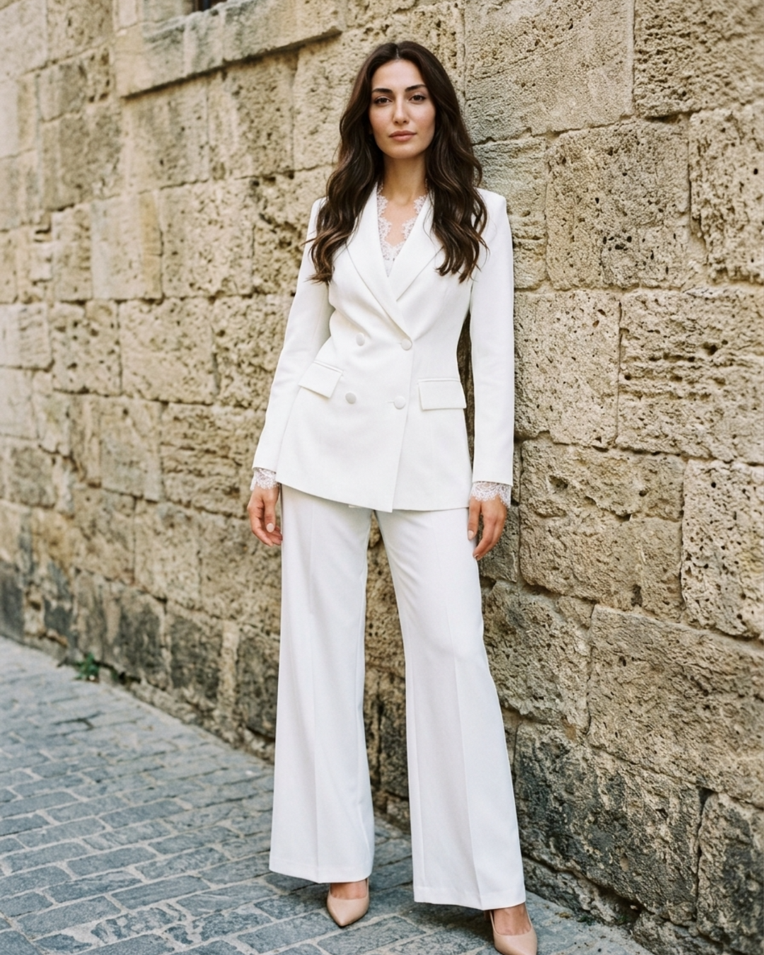 Women’s Pants Suit Double Breasted Blazer and Wide Leg Trousers Set