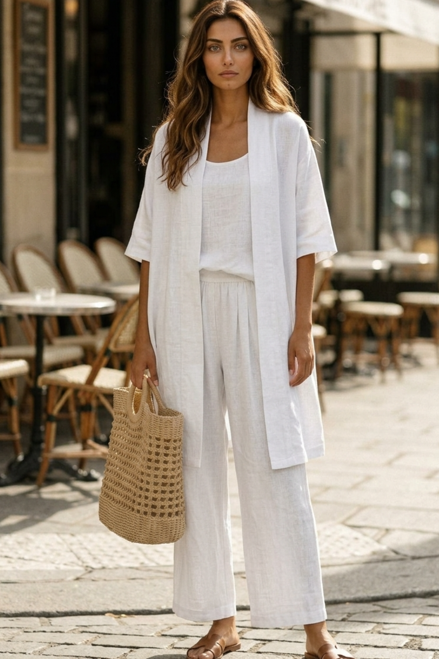 Women’s Three-Piece Set Linen Kimono Cardigan Tank Top and Wide Leg Pants