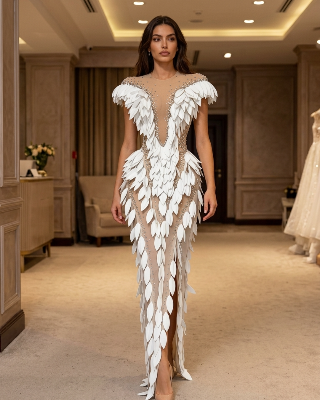 Women’s Maxi Dress Sheer Mesh Rhinestone Crystal Leaf Couture Gown