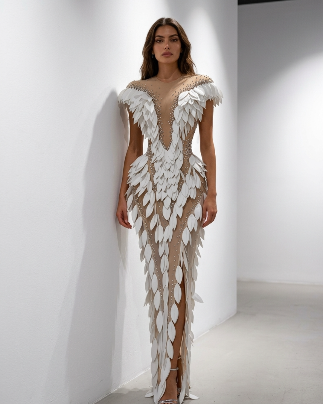 Women’s Maxi Dress Sheer Mesh Rhinestone Crystal Leaf Couture Gown