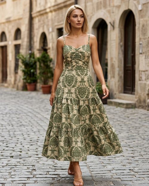Women’s Midi Dress Damask Print Sweetheart Neck Tiered A-Line Gown