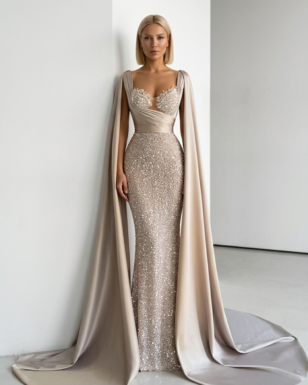 Women’s Evening Gown Sequin Mermaid Sweetheart Neck Cape Sleeve Maxi Dress