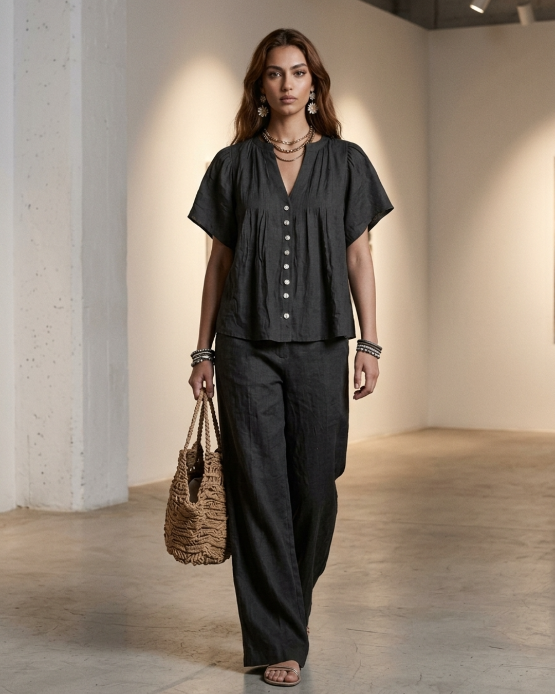 Women’s Two-Piece Set Linen Button Down Shirt and Wide Leg Pants