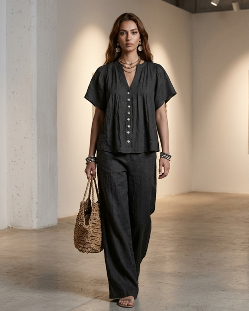 Women’s Two-Piece Set Linen Button Down Shirt and Wide Leg Pants