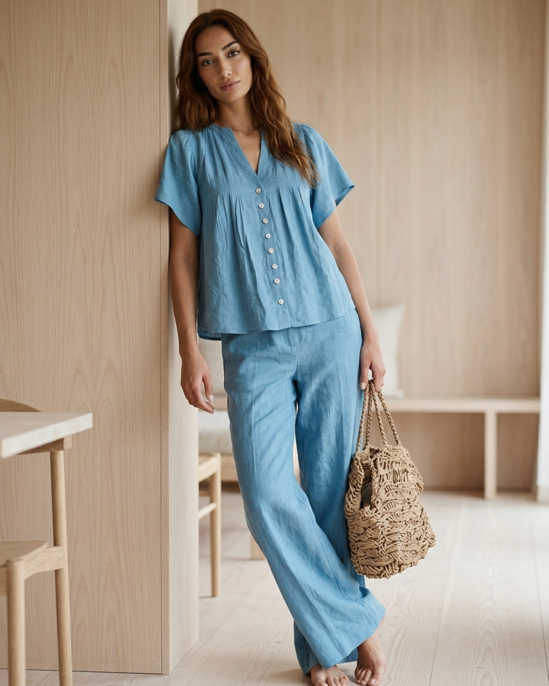 Women’s Two-Piece Set Linen Button Down Shirt and Wide Leg Pants