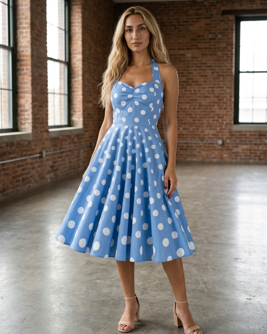 Women’s Midi Dress Polka Dot Halter Neck Retro A-Line Gown