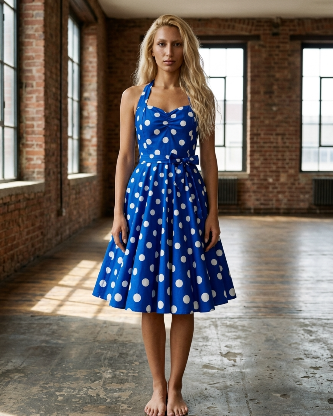 Women’s Midi Dress Polka Dot Halter Neck Retro A-Line Gown