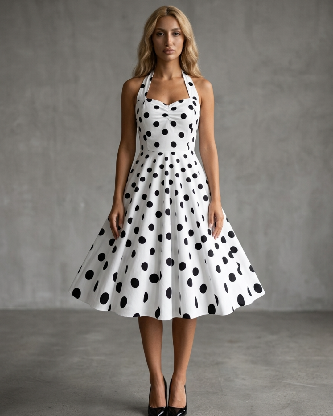 Women’s Midi Dress Polka Dot Halter Neck Retro A-Line Gown