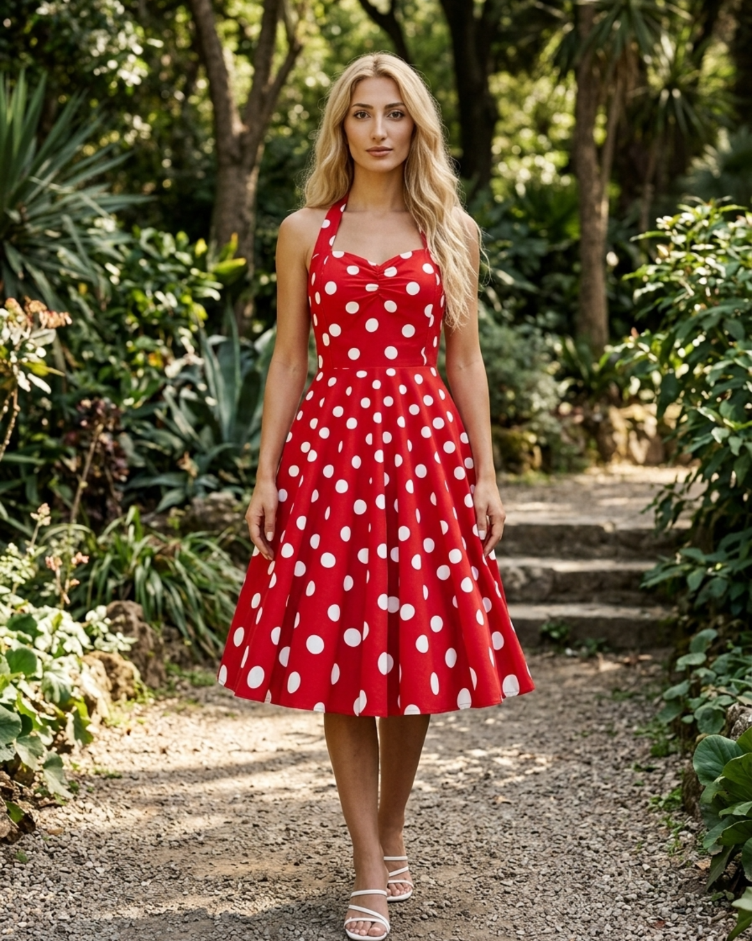 Women’s Midi Dress Polka Dot Halter Neck Retro A-Line Gown