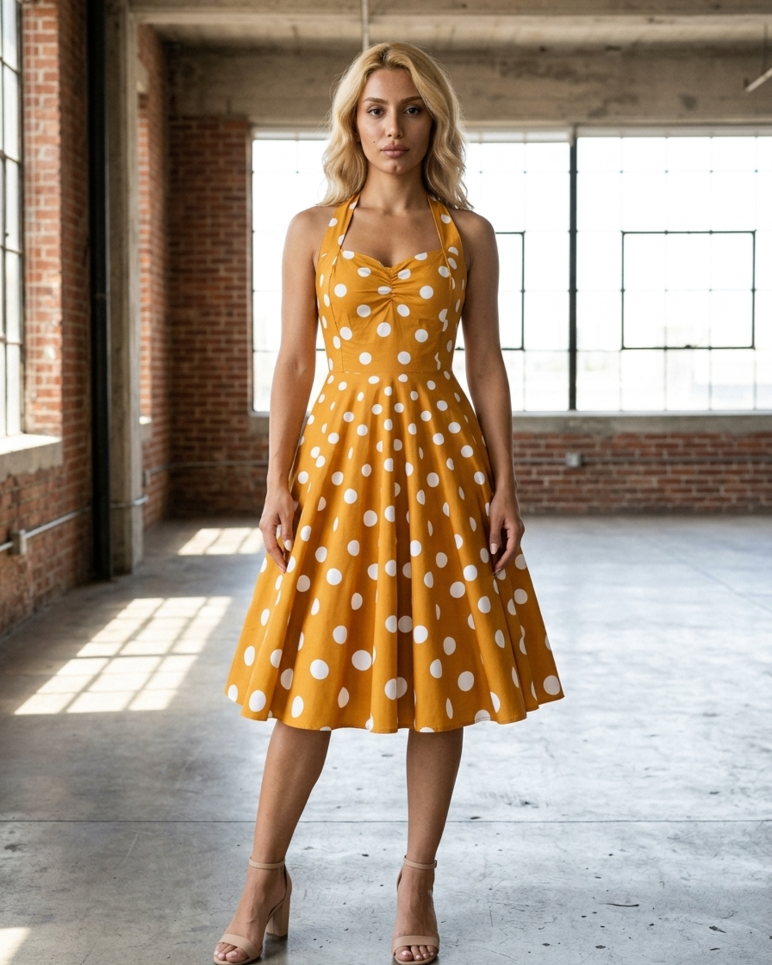 Women’s Midi Dress Polka Dot Halter Neck Retro A-Line Gown