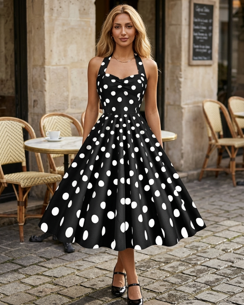 Women’s Midi Dress Polka Dot Halter Neck Retro A-Line Gown