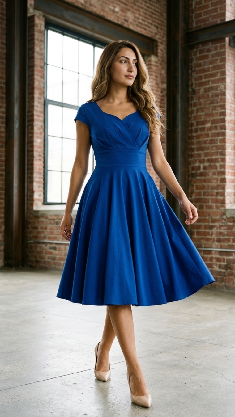 Women’s Midi Dress Sweetheart Neck Crossover Pleated Swing Skirt Gown