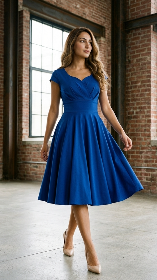 Women’s Midi Dress Sweetheart Neck Crossover Pleated Swing Skirt Gown