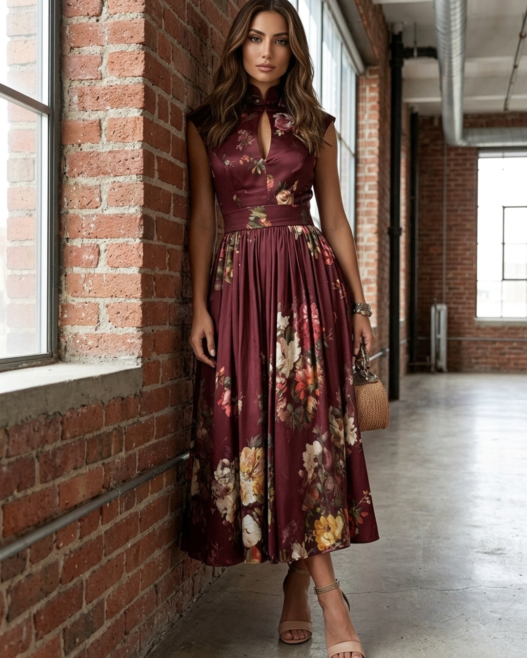 Women’s Midi Dress with Mandarin Collar and Keyhole Neckline