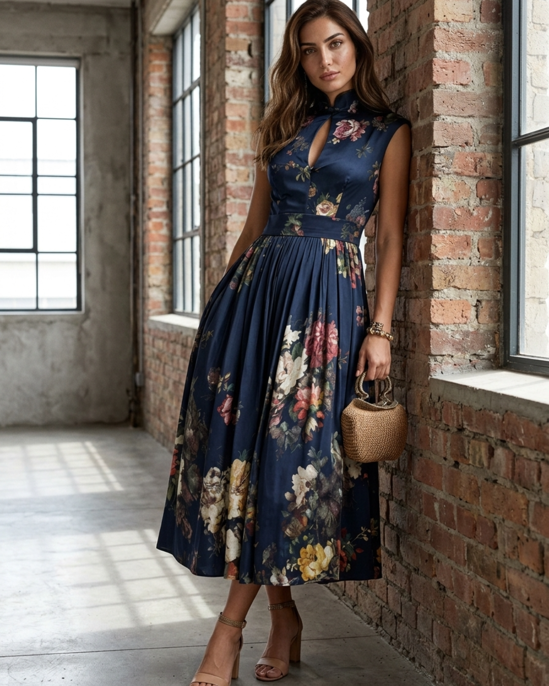 Women’s Midi Dress with Mandarin Collar and Keyhole Neckline