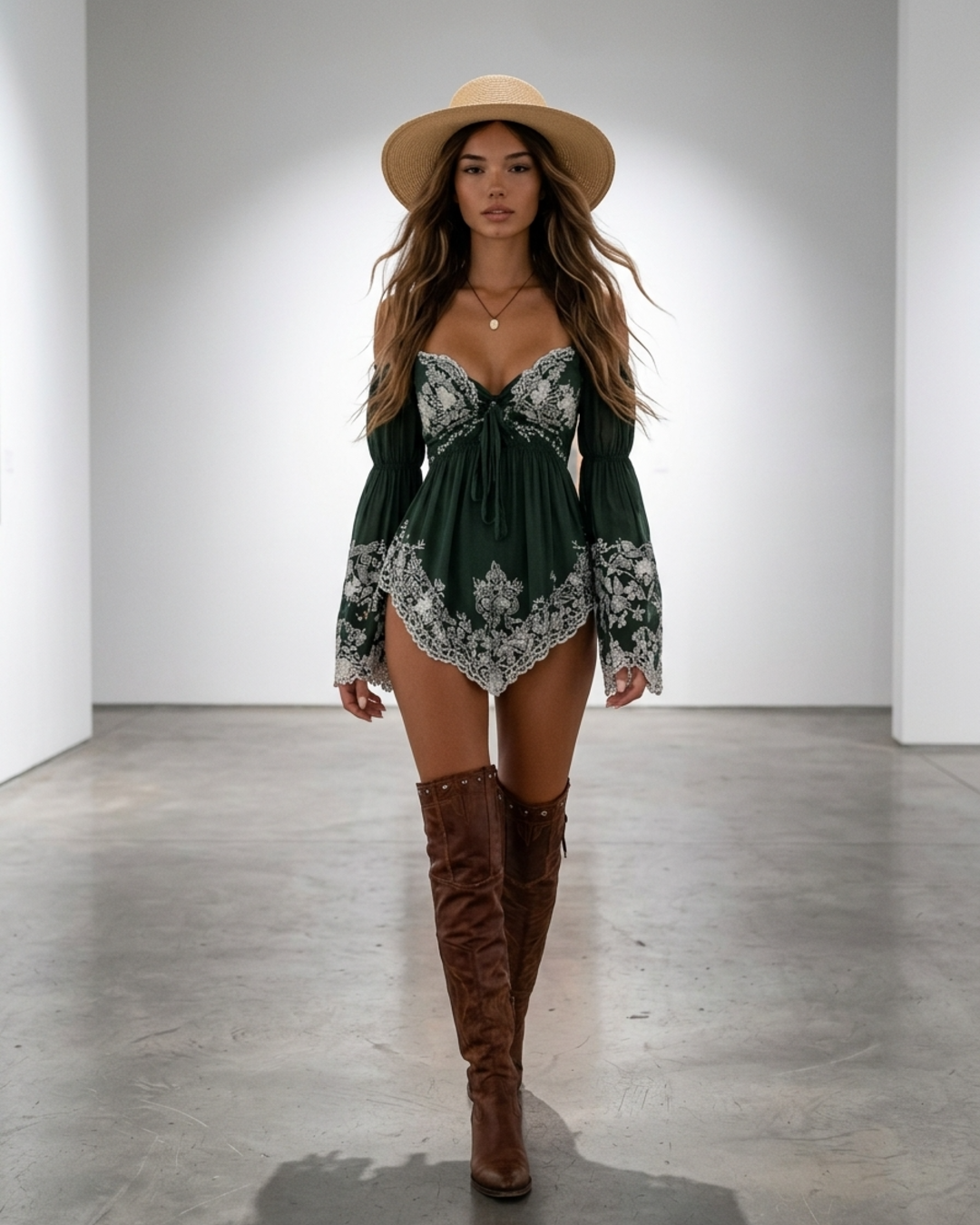 Women’s Romper Dress with Off-Shoulder Bell Sleeves and Lace Trim