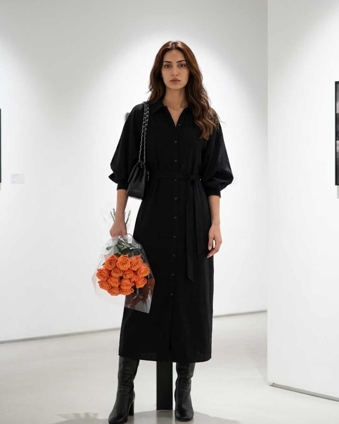 Women’s Shirt Midi Dress with Lantern Sleeves and Draped Waist