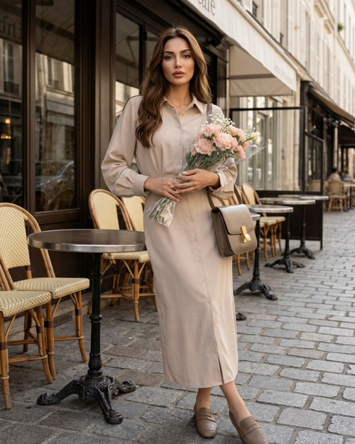 Women’s Shirt Midi Dress with Lantern Sleeves and Draped Waist