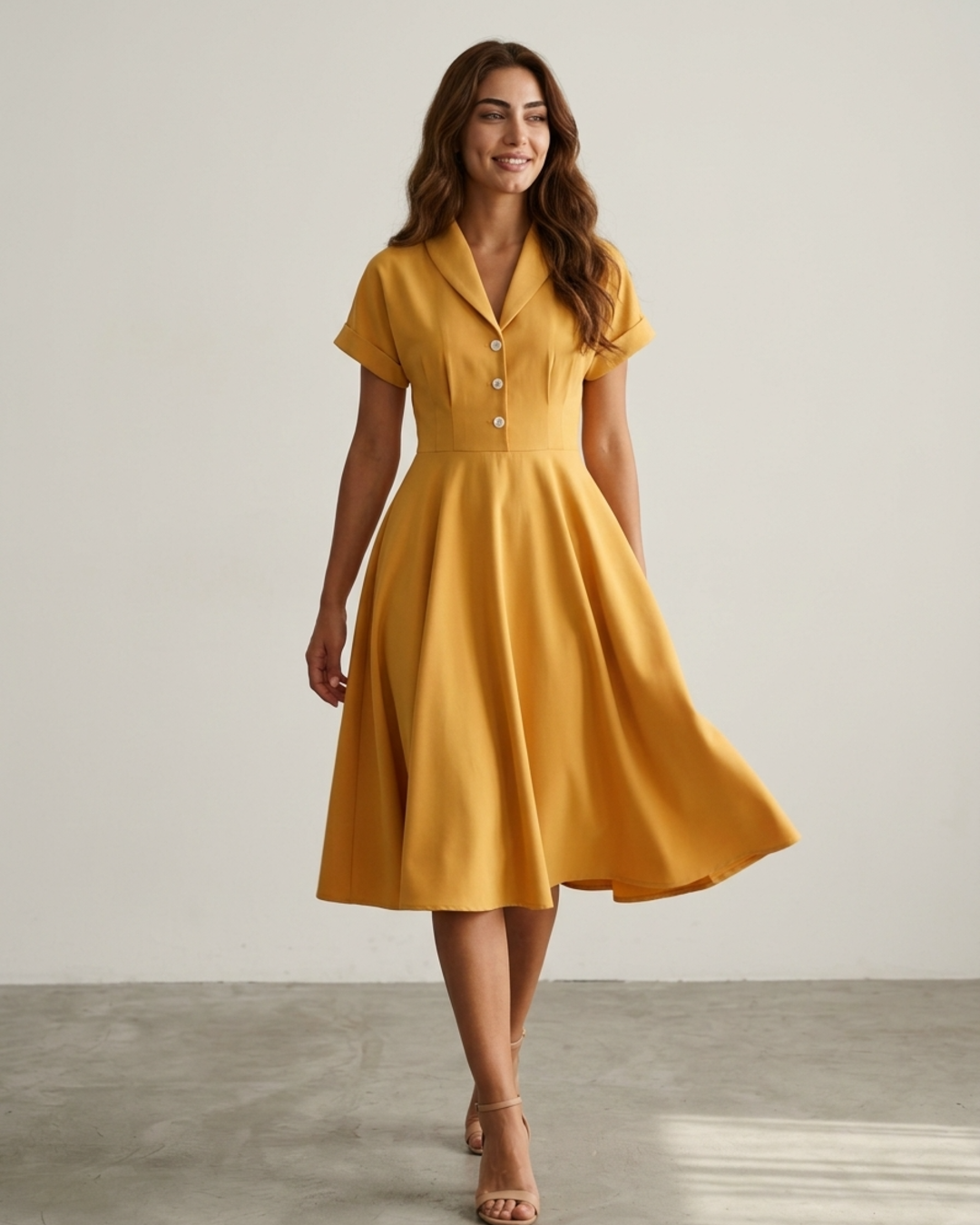 Women’s Vintage Swing Dress with Notch Lapels and Matching Waist Tie