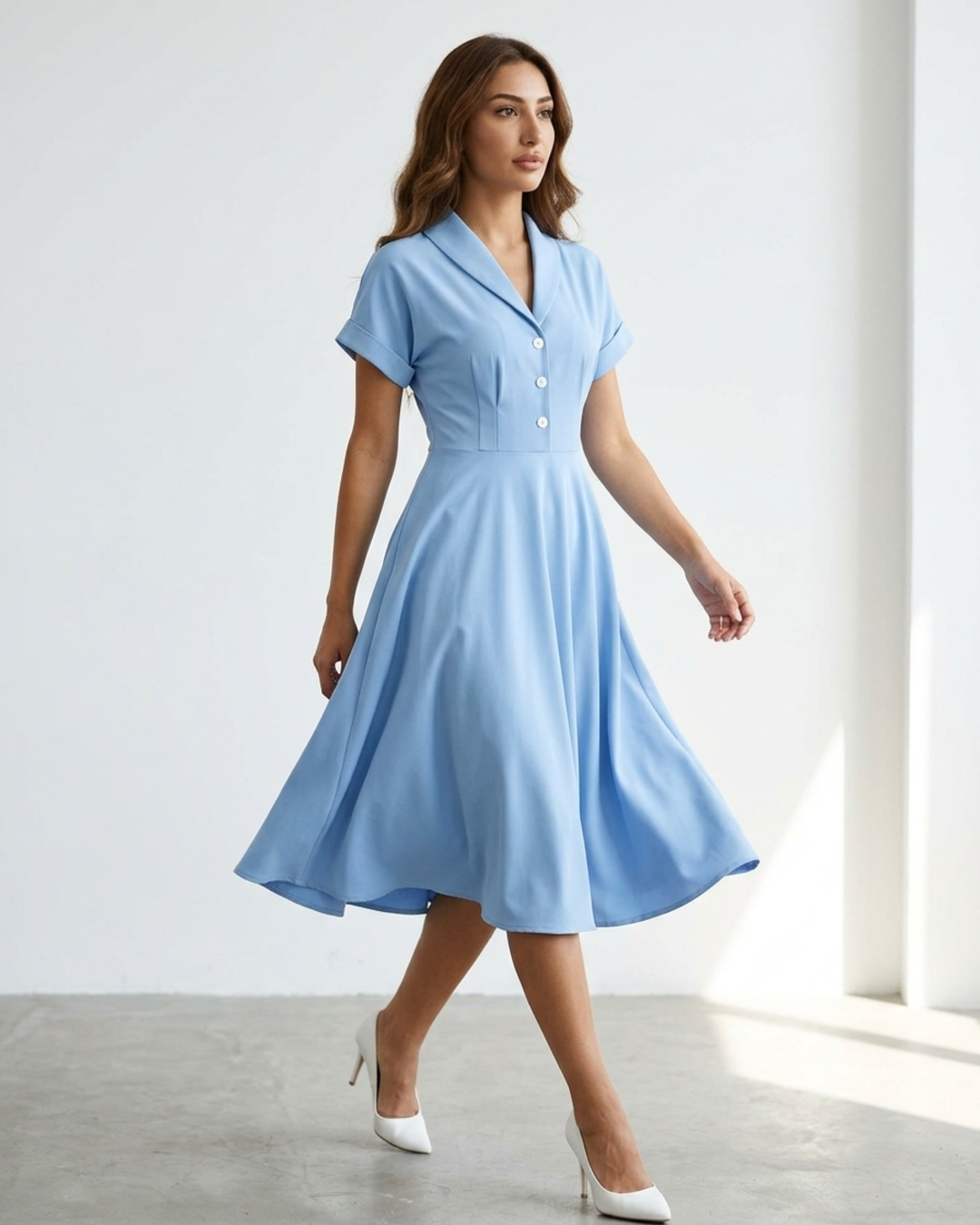 Women’s Vintage Swing Dress with Notch Lapels and Matching Waist Tie