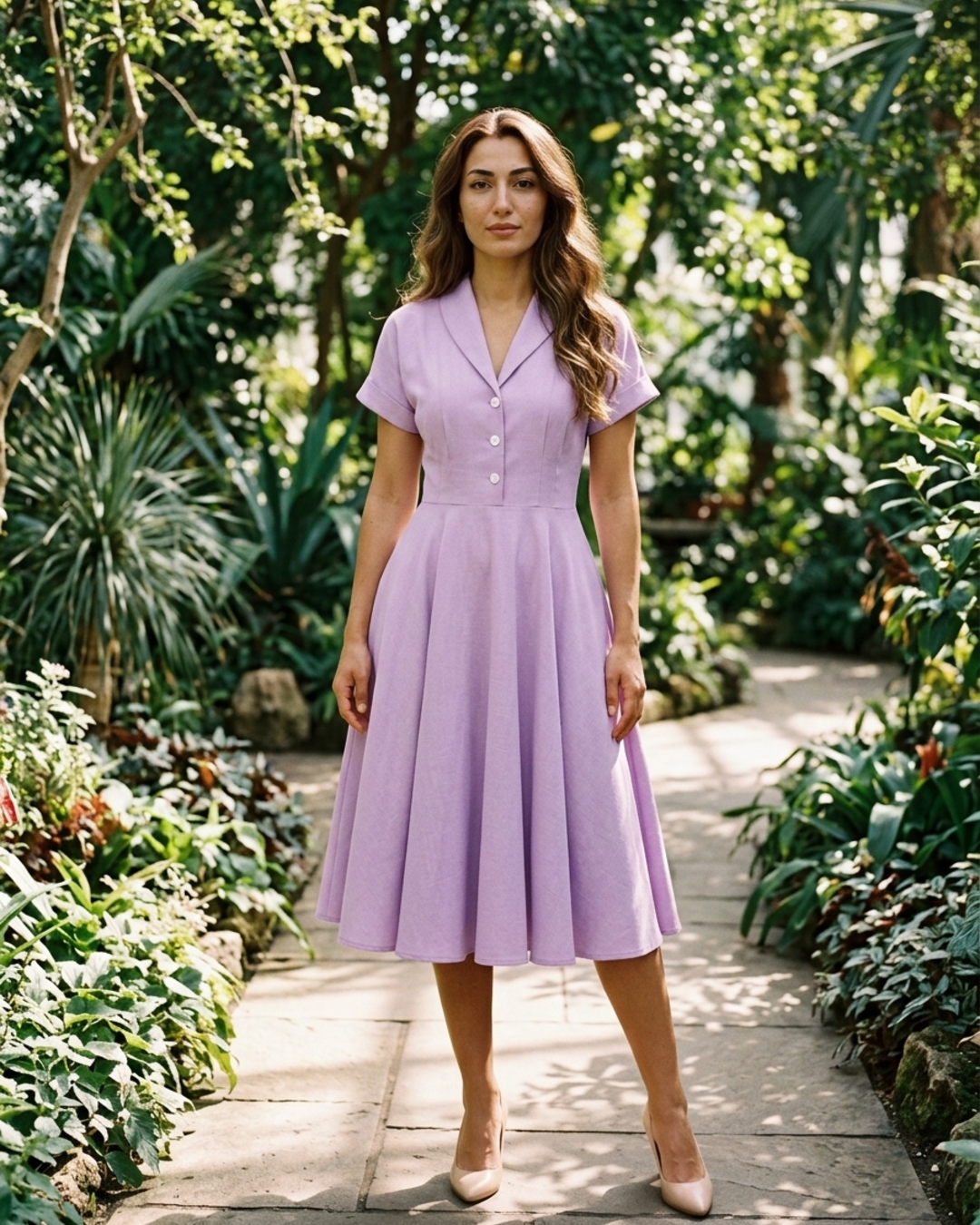 Women’s Vintage Swing Dress with Notch Lapels and Matching Waist Tie