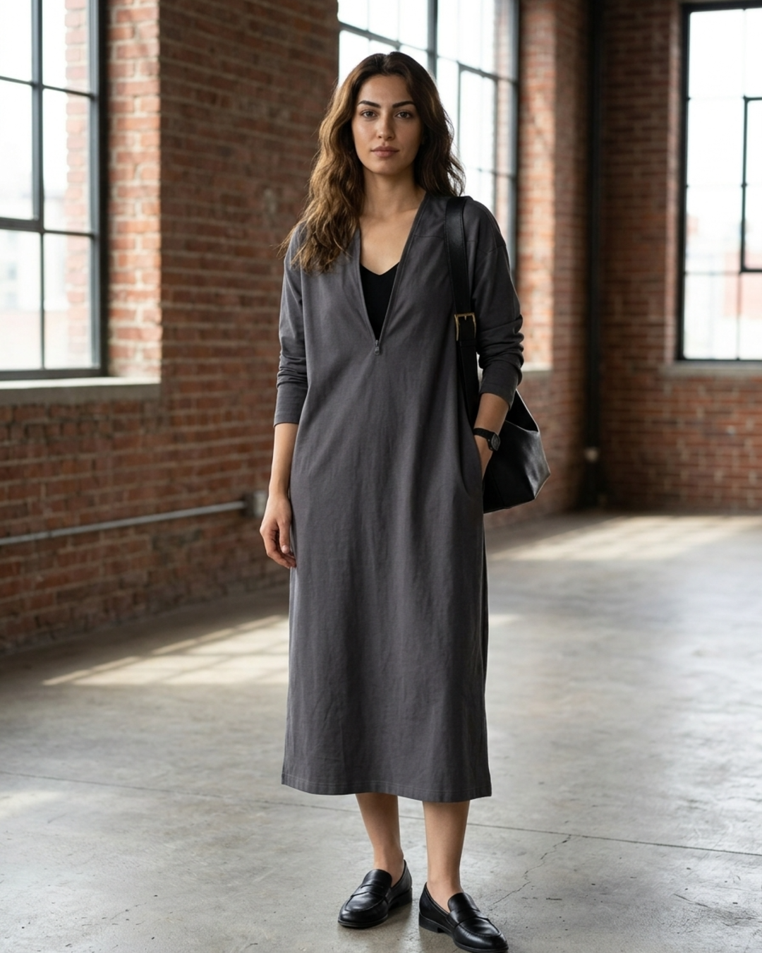 Women’s T-Shirt Midi Dress with Half-Zipper Neck and Pockets