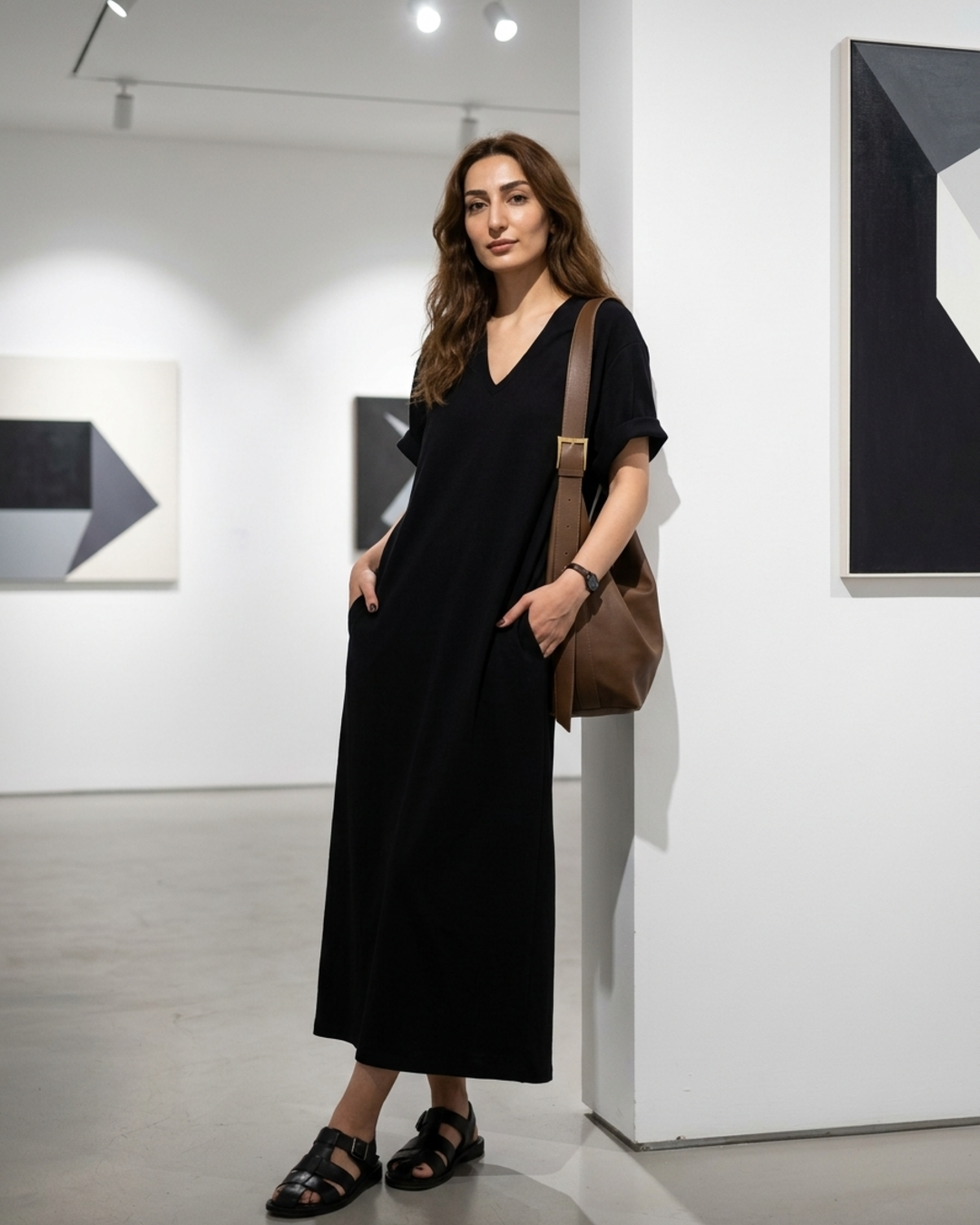 Women’s T-Shirt Midi Dress with Half-Zipper Neck and Pockets