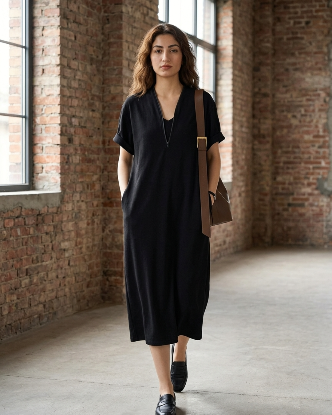 Women’s T-Shirt Midi Dress with Half-Zipper Neck and Pockets