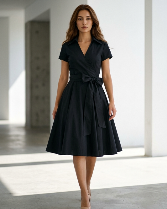 Women’s Wrap Swing Dress with Notch Lapels and Matching Waist Tie